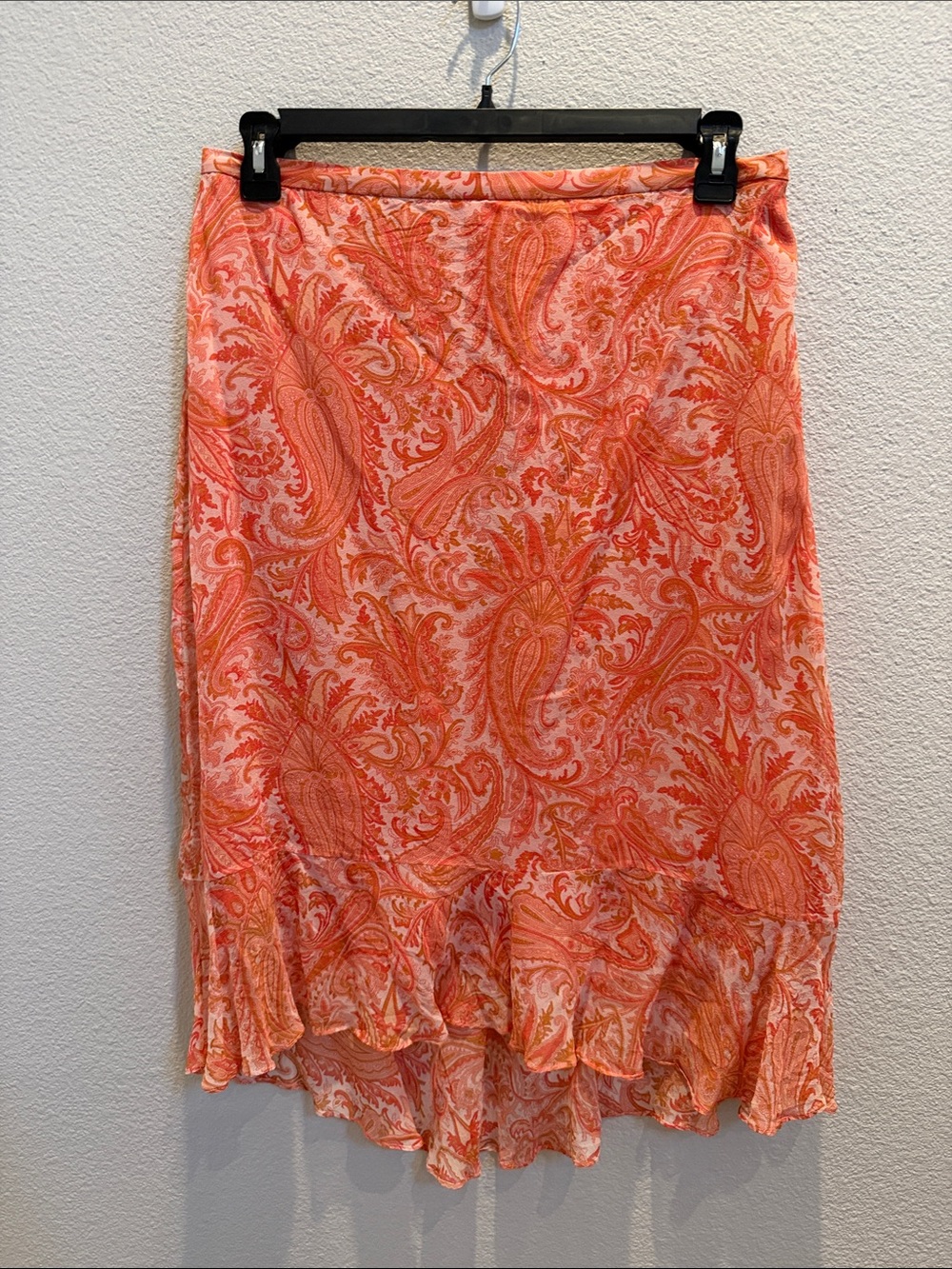 Banana Republic Women’s Coral & Orange Paisley High-Low Ruffle Skirt 100% Silk
